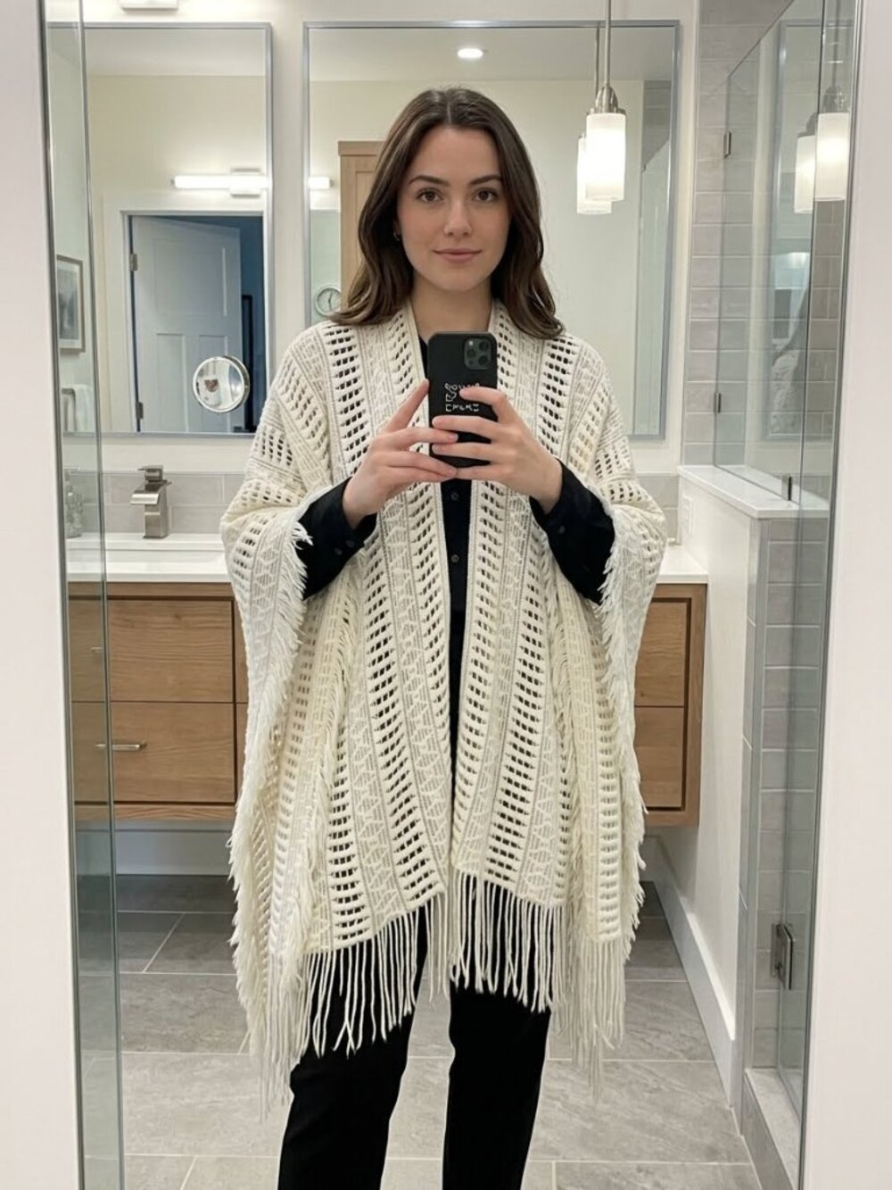 Open Weave Fringe Wrap Ruana Poncho in White